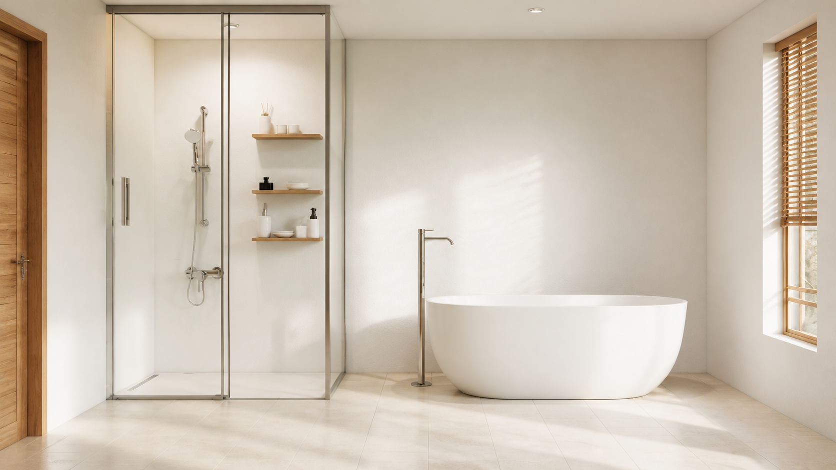 Bright contemporary bathroom with freestanding bath and walk-in shower